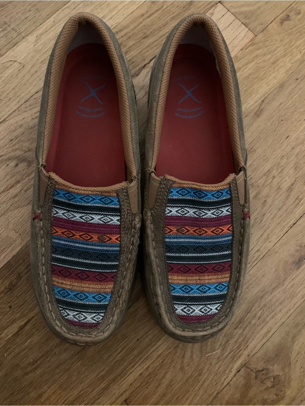 Twisted X Brown Flats with Multicolor Woven Toe Panels